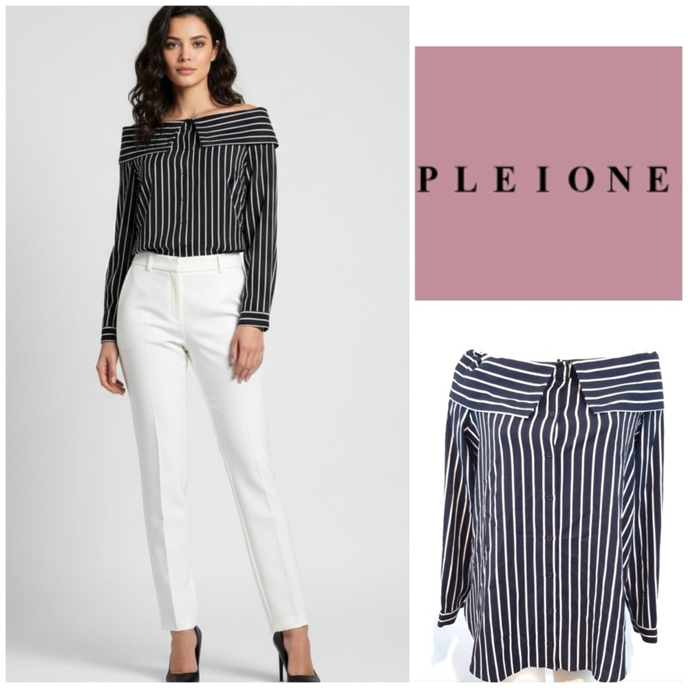 Pleione Black and White Striped Off-Shoulder Top